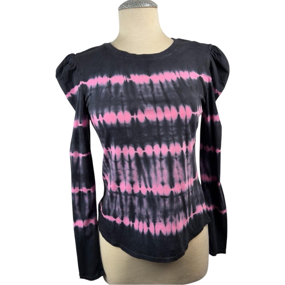 Generation Love Womens LS‎ Tie Dye Top Blouse Black/Pink Puff Sleeve Cotton M